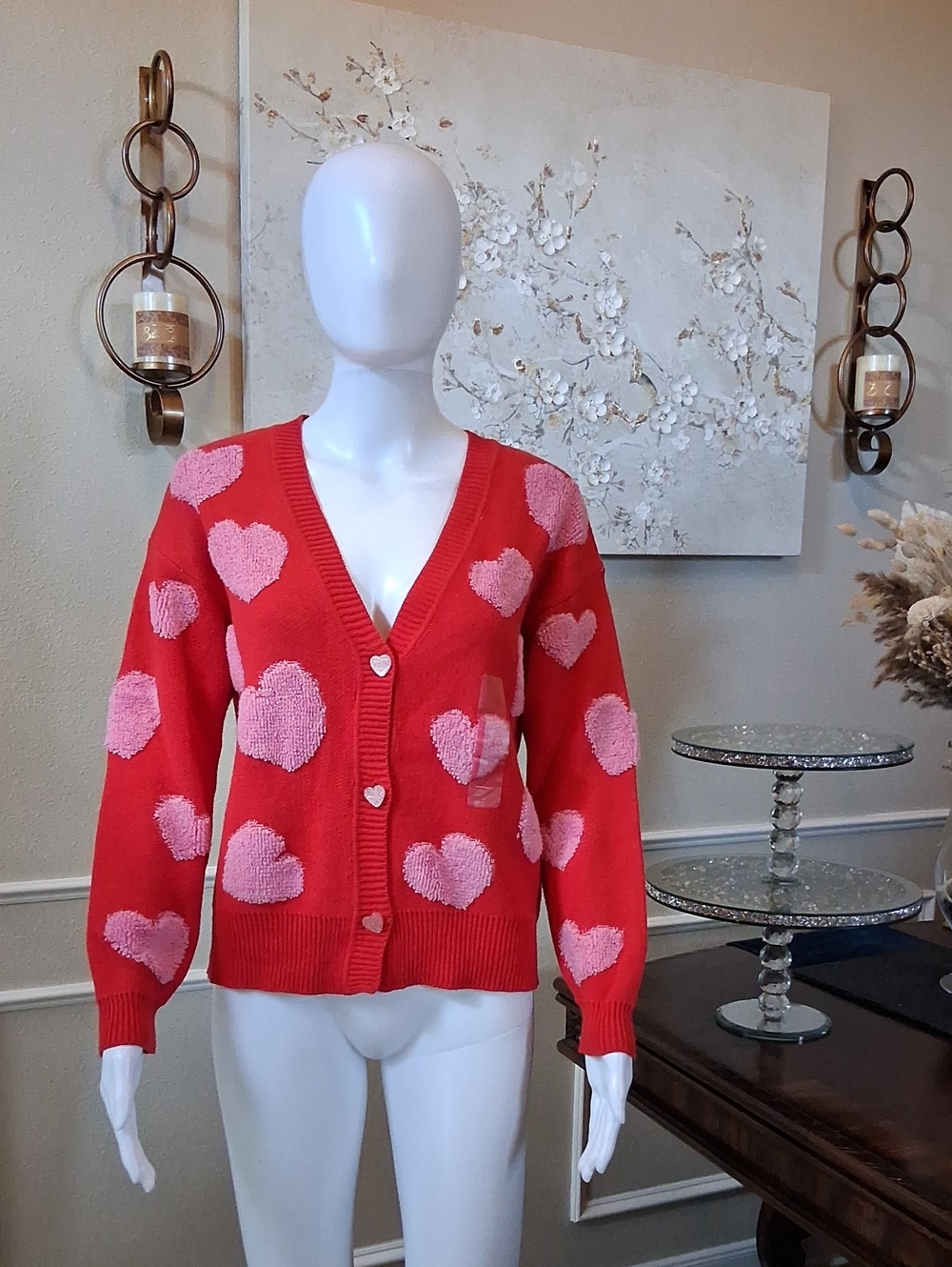 New Women's Heart Print V-neck Red And Pink Oversize Knit Glam Cardigan XXS - Picture 8 of 17
